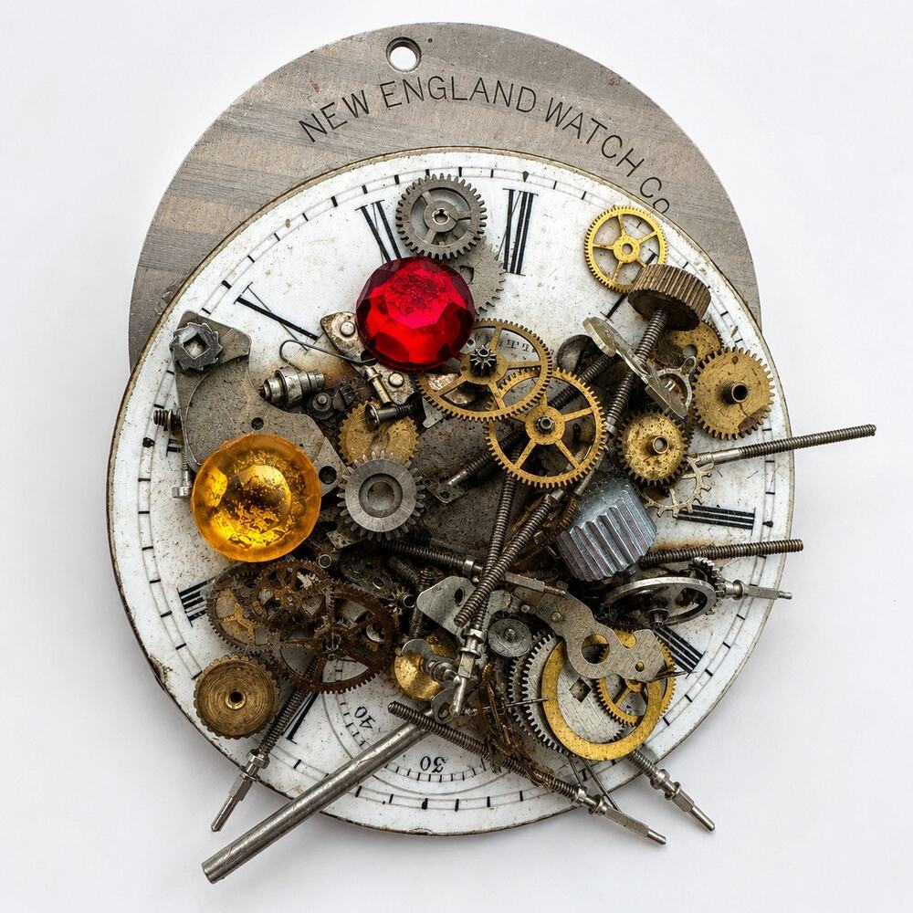 Steampunk New England Watch Co Antique Dial Watch Parts Assemblage Brooch Pin